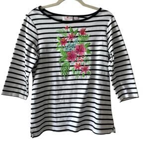 Quacker Factory Striped Floral Embroidered Top | White and Black Stripes | Small